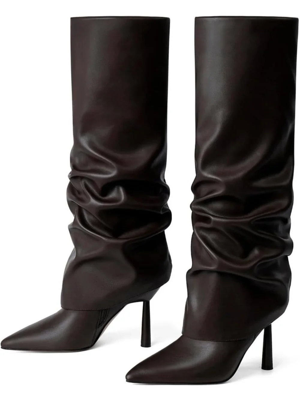 Women's Chocolate Stiletto Heel Pointed Toe Side Zipper Knee High Shark Boots